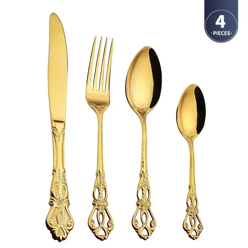 Gold-Plated Stainless Steel Cutlery Set Royal European Spoon Fork Collection — Golden | KIMLUD