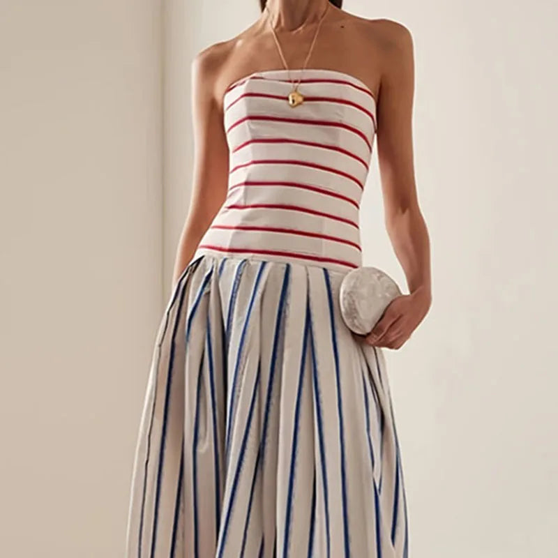 Strapless Backless Striped Maxi Dress With Red Bodice Stripes And Cobalt Lines — White | KIMLUD