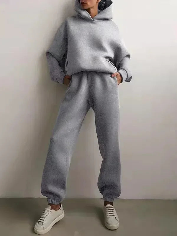 Fleece Tracksuit Two-Piece Hooded Set — Black | KIMLUD