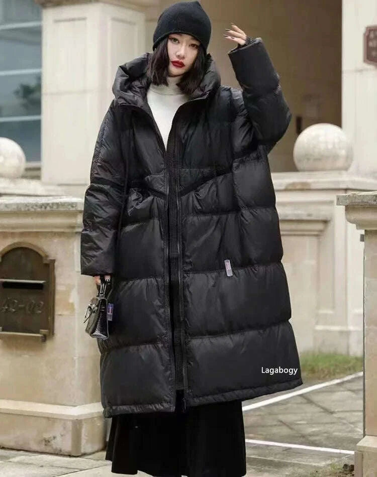 KIMLUD, Lagabogy 2025 New Winter Women Oversize Long Puffer Coat Female Thick Warm White Duck Down Jacket Hooded Loose Parkas Outwear, KIMLUD Womens Clothes
