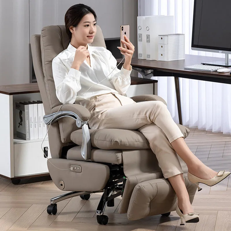 Leather Executive Office Chair Electric Lift Ergonomic Reclining Support — Beige | KIMLUD