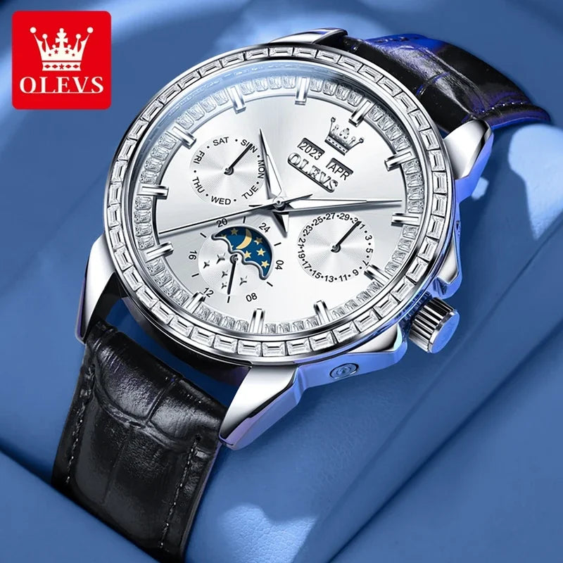 OLEVS 6695 NEW Men's Watches Full Multifunctional Dial Blue Leather Strap Calendar Week Moon Phase Waterproof Wristwatch