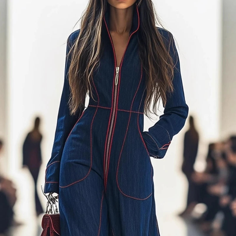 Retro Patchwork Jumpsuit Long Sleeve High Waist Wide-Leg — Navy | KIMLUD