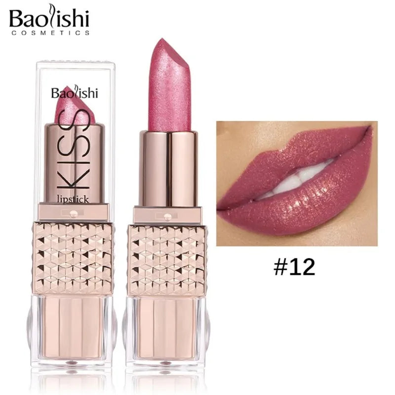 12 Colors Glitter Shiny Lipstick Waterproof Long Lasting Pearlescent Shimmer Lip Tint Diamond Easy Color Lipstick Deluxe Makeup