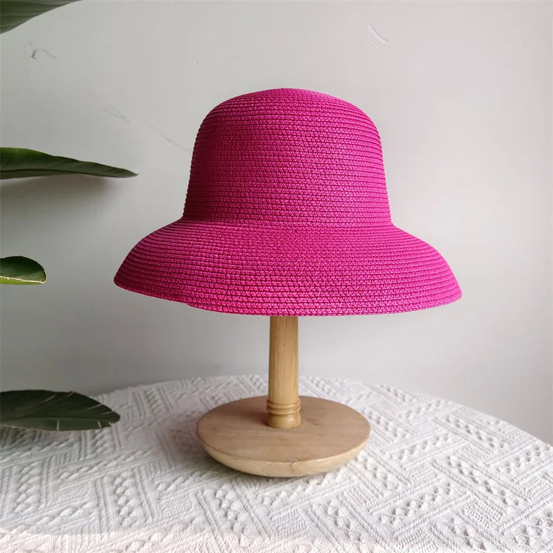 Straw Hepburn Sun Hat Wide Brim Foldable — Natural | KIMLUD
