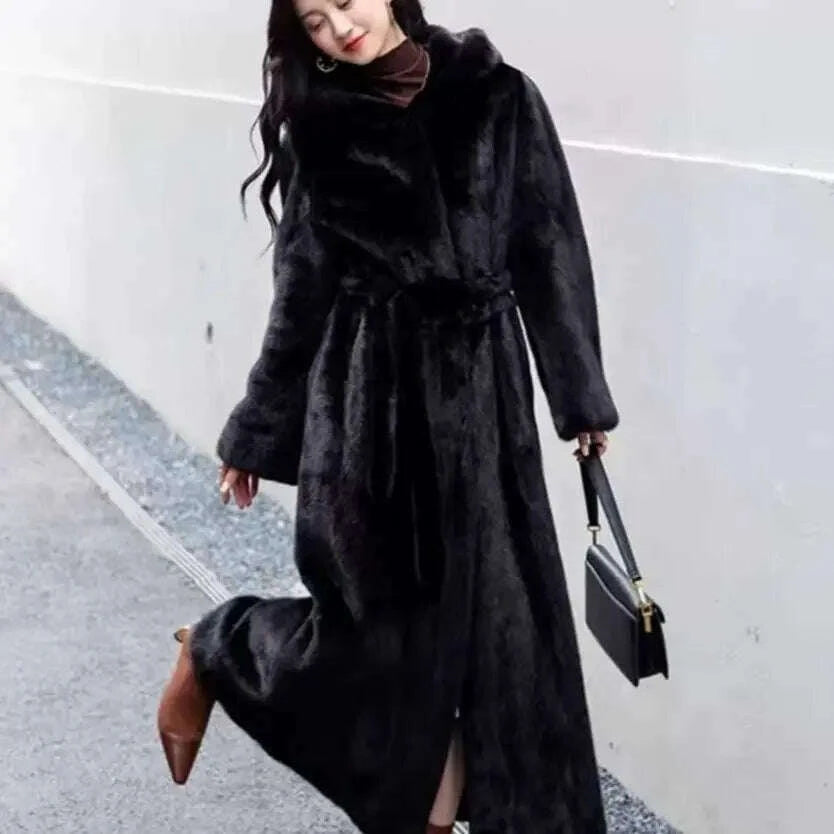 Women Thick Maxi Jacket Y2k Autumn Winter Belt Faux Fur Maxi Coat Long