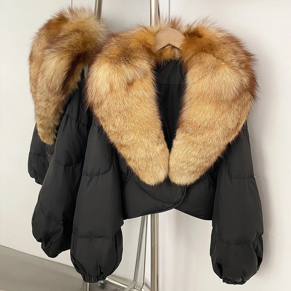 Down Coat – Real Fox Fur Trim – Duck Down – Natural | KIMLUD