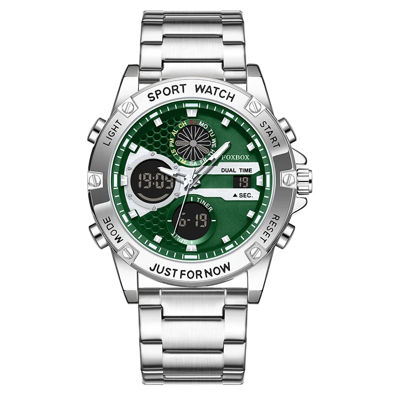 FOXBOX Fashion Men's Luxury Watch Leather Strap Quartz Watches Business Dual Display Waterproof Date Chronograph Man Watch+Box