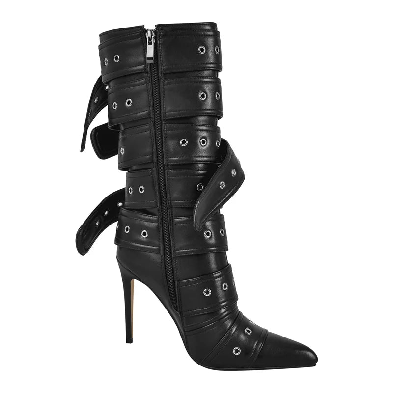 Onlymaker Women Pointed Toe Mid-Calf Boots Buckle Strap Thin High Heel Lady Zipper Female Stiletto Boots