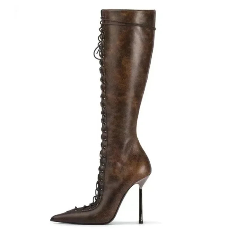 Lace-Up Leather Cross-Strap Knee High Boots — Brown | KIMLUD