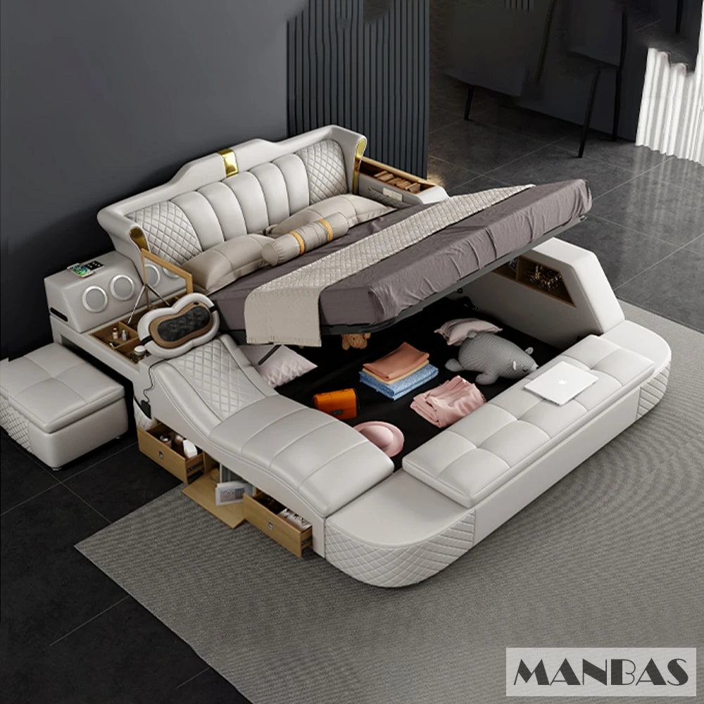 Modern Tech Smart Genuine Leather Bed with Massage, Bluetooth Speakers & USB – Luxury Multifunctional King Size Bed with Ottoman