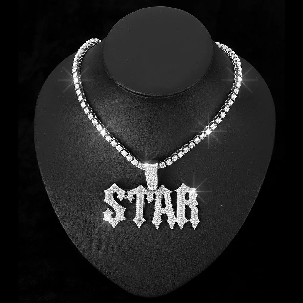 Men Women Hip Hop Letter STAR Pendant Necklace with Cuban Chain Iced out Bling Necklaces Tennis Chain Fashion Punk Jewelry Gift