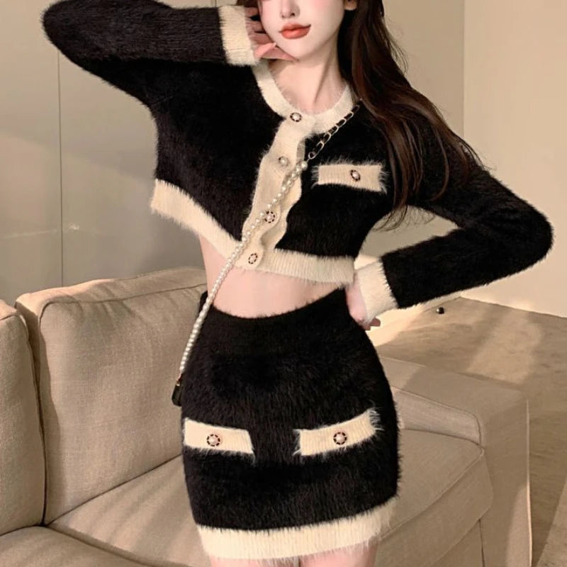 KIMLUD, Winter Fluffy Knit 2 Piece Set Women Patchwork French Vintage Mini Skirt Suit Female Korean Fashion Elegant Office Lady Set 2024, KIMLUD Womens Clothes