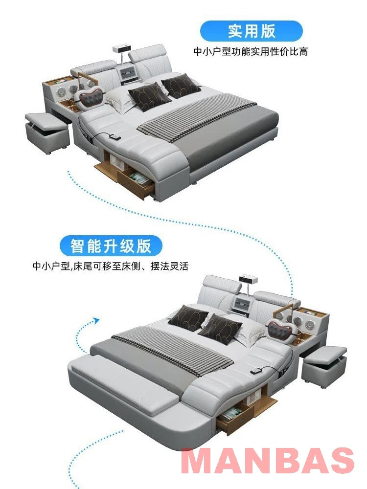 Genuine Leather Bed With Projector USB Speaker — White | KIMLUD