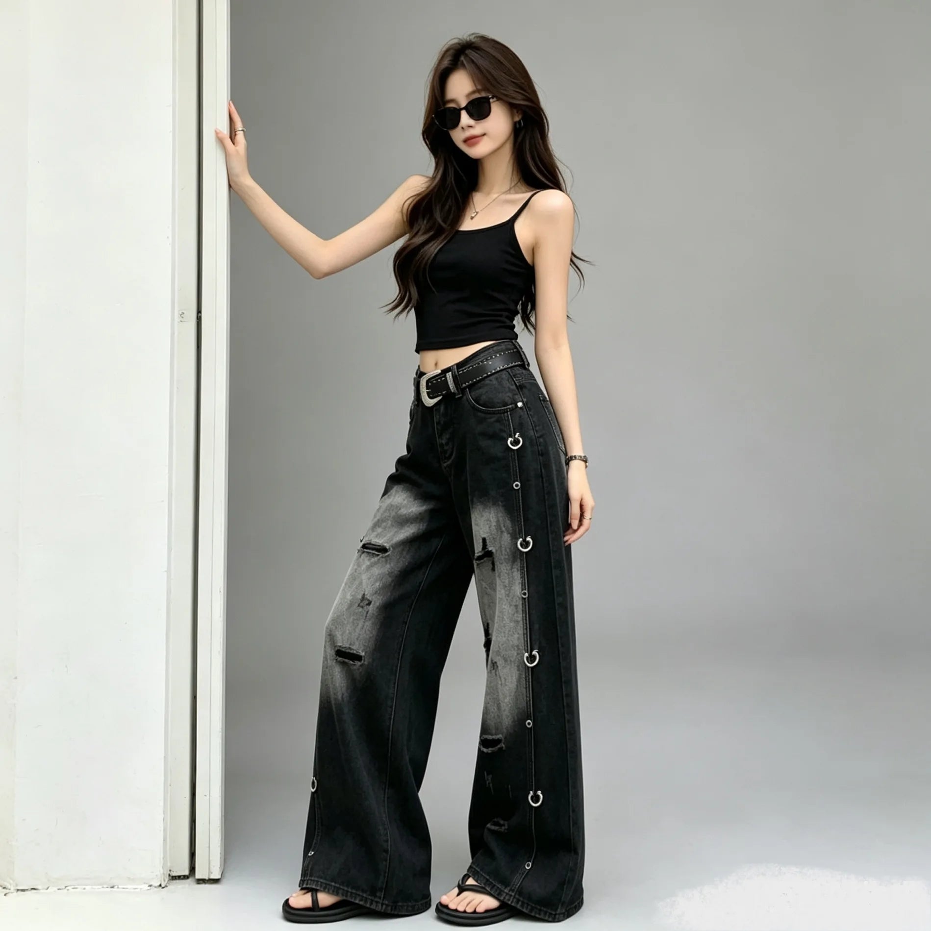 Rivet Washed Pants And Leggings Denim Wide Leg — Indigo | KIMLUD