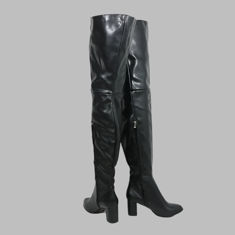 Sorbern Black Matte Block Square Heels Boots For Women Unisex Style Round Toe Mid Thigh High Half Zipper Long Boots Custom