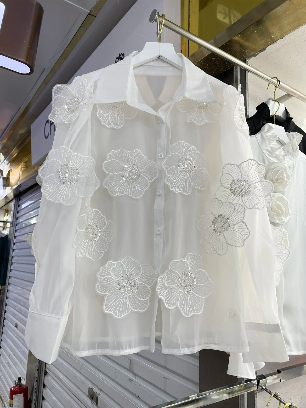Long Sleeve Sequin Petal Applique Blouse – Acetate – White Beige | KIMLUD