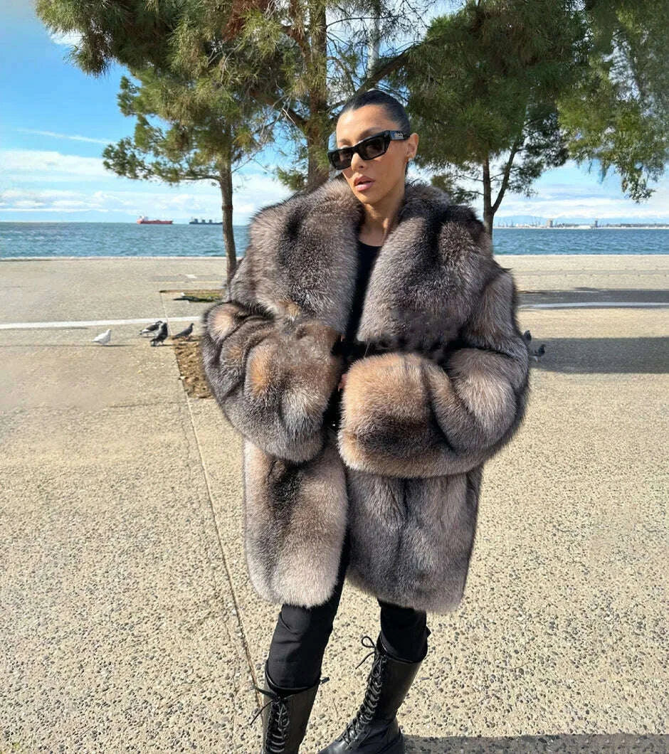 Winter Custom Size Real Fox Fur Coat Women Luxury Thick Turn Down Collar Natural Silver Fox Fur Coat