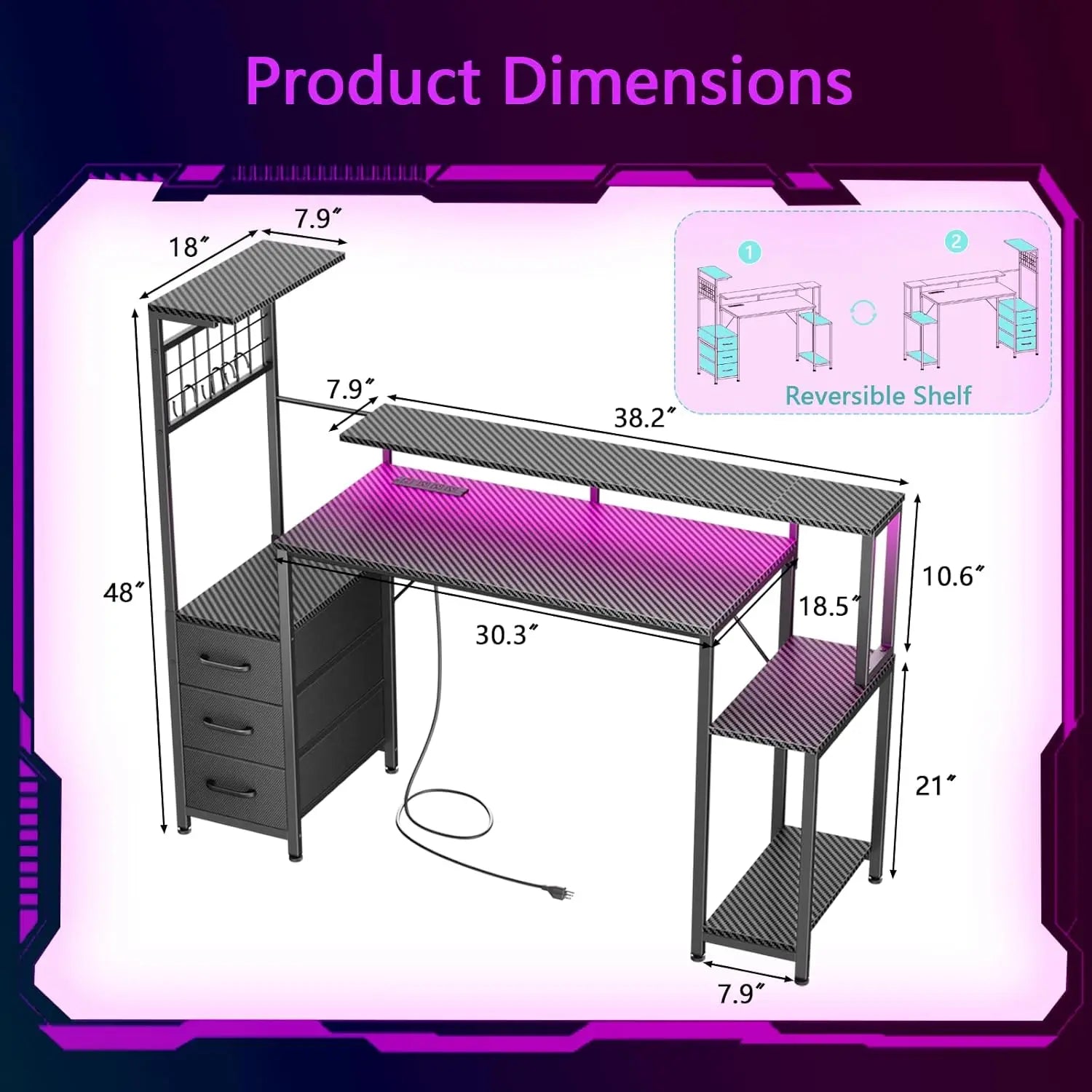 48 Inch Gaming Desk with LED Lights & Power Outlets,Computer Desk with Fabric Drawers & Side Hook,Reversible Gamer, Customized