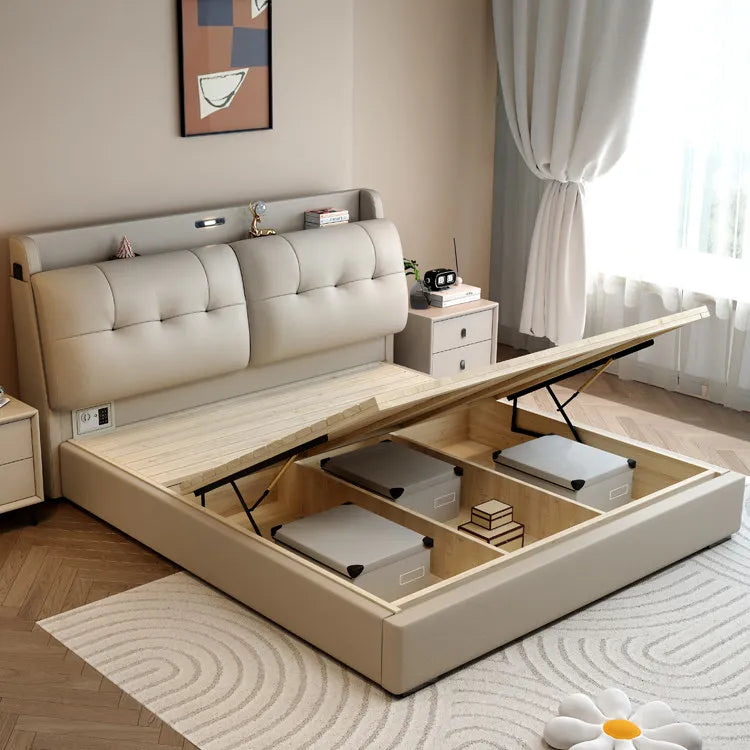 Minimalist Upholstered Bed Frame With Storage — Cream Beige | KIMLUD