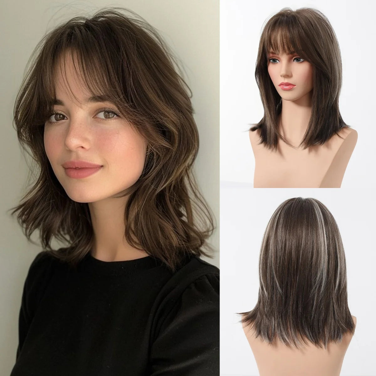 Wig – Medium-Length Layered Straight Bangs – Synthetic Hair – Grey | KIMLUD