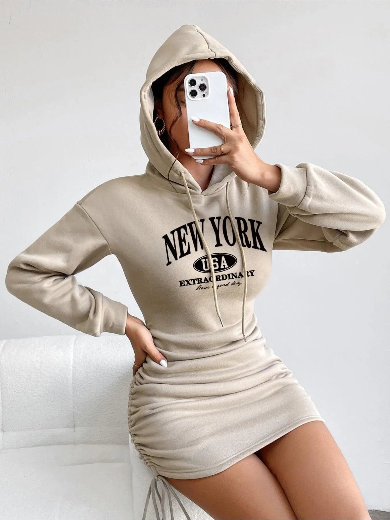 Hooded Dress – Letter Printed – Polyester – Mini Length | KIMLUD