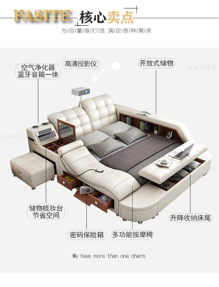 Genuine Leather Bed Tech Smart Multifunctional Massage, Bluetooth Speaker, Air Cleaner — White | KIMLUD
