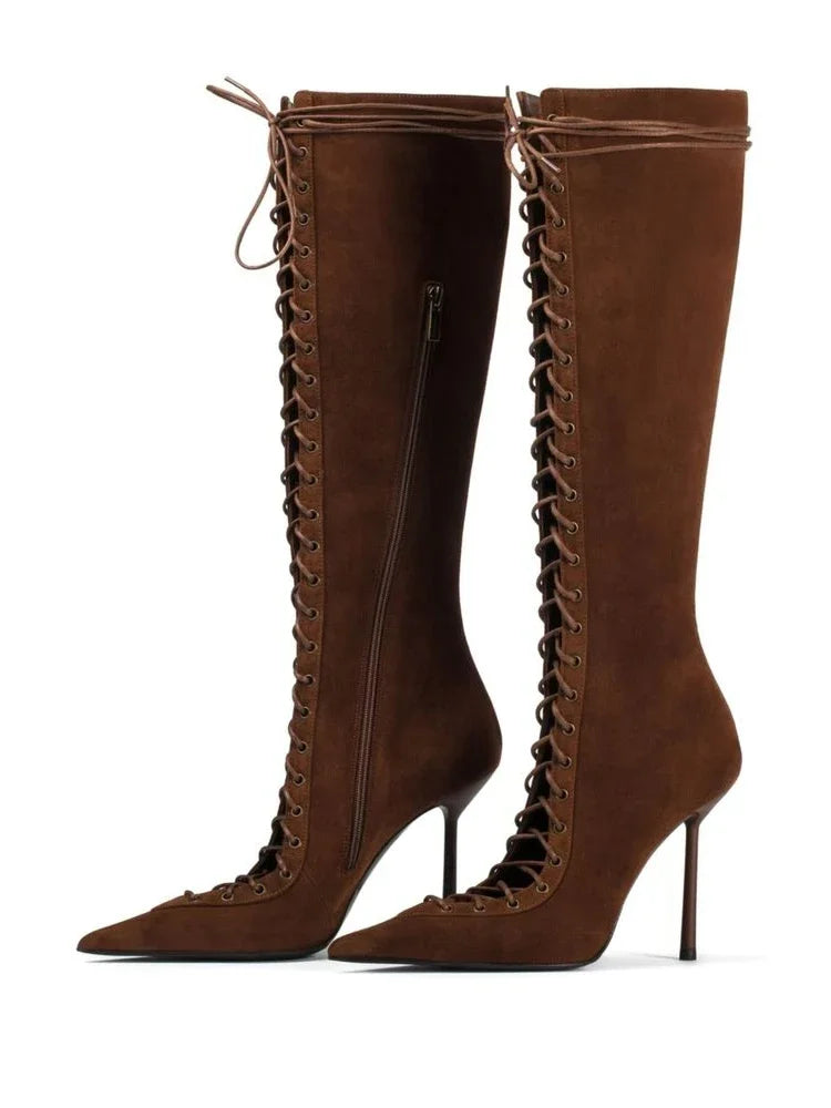 Mesh Leopard Cross Tie Knee-High Boots — Gray | KIMLUD
