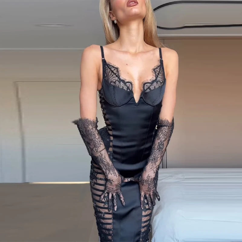 Sexy Cutout Lace Trim Satin Bodycon Midi Dress Women's Elegant Strap Slim Sleeveless Dresses Lady New Trend Club Date Night