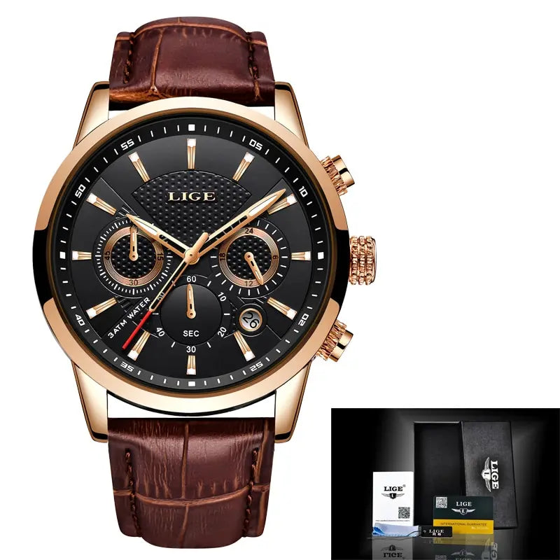 LIGE Watches Men 2024 Top Brand Luxury Casual Leather Quartz Men Watch Man Business Clock Male Sport Waterproof Date Chronograph