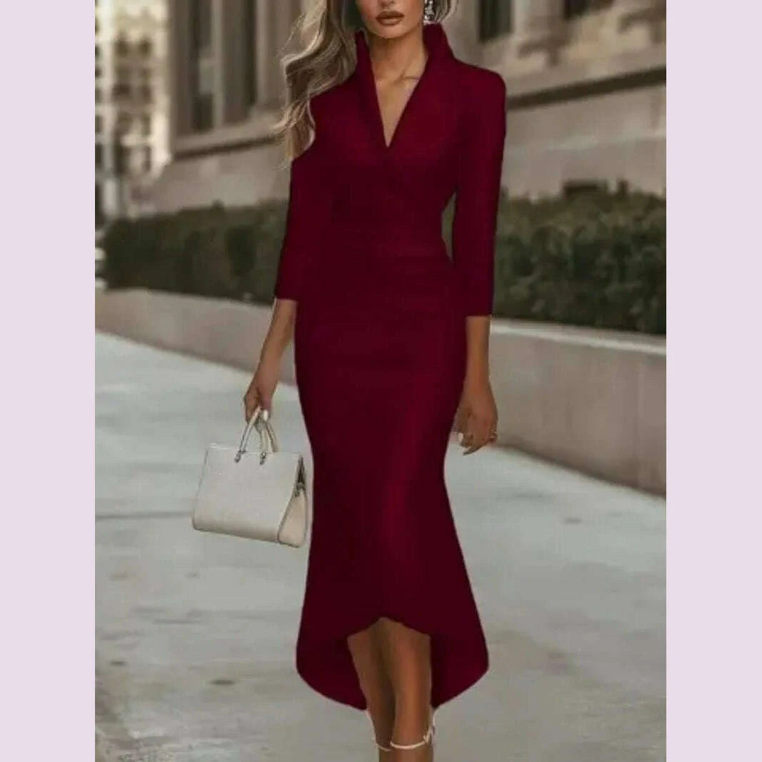 elegant-high-end-commuter-dress-2025-autumn-simple-grand-solid-color-v-neck-cinched-waist-long-sleeved-ankle-length-long-dresskimlud-womens-fashion-34619474