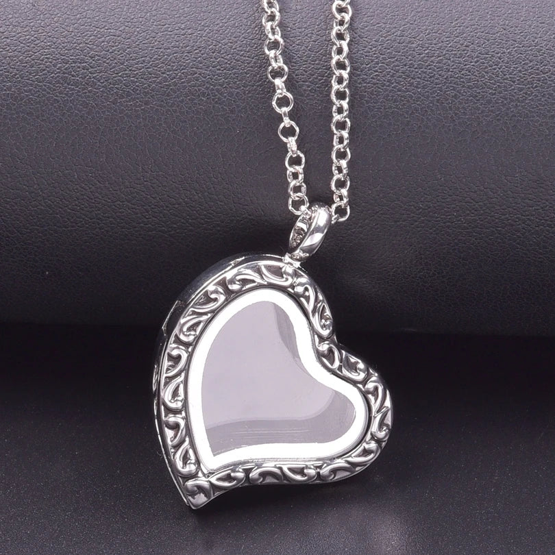 Silver-Tone Heart-Shaped Glass Reliquary Locket Pendant With Antique Filigree Keepsake Window — Silver | KIMLUD