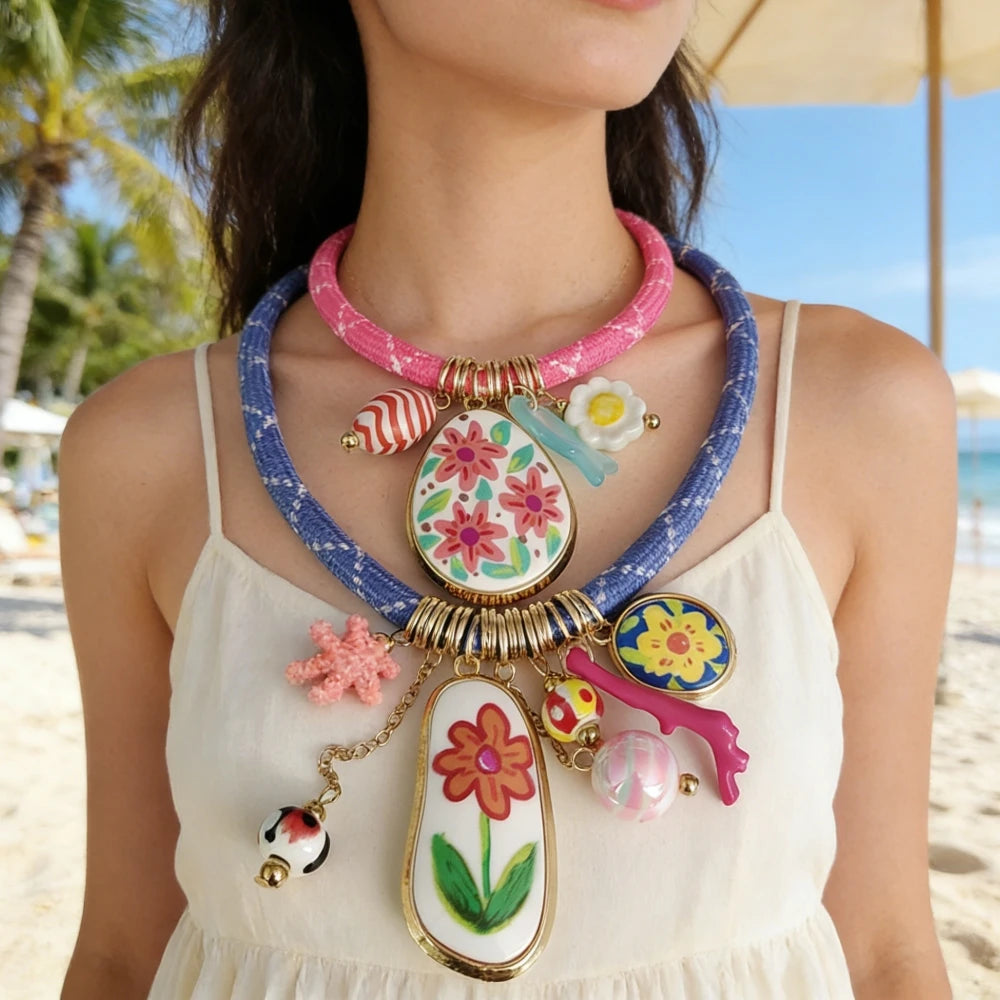 Cord Choker Necklace – Enamel Flower Pendant – Zinc Alloy – Multicolor | KIMLUD