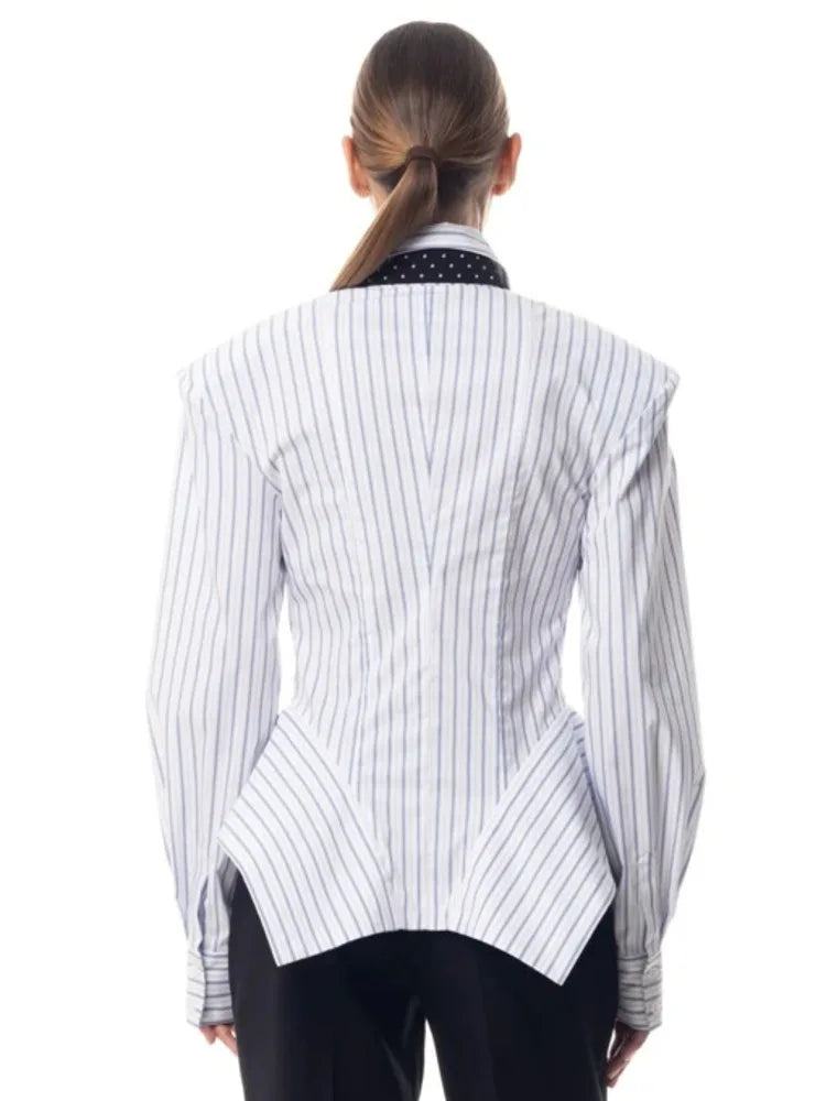 Fitted Striped Shirt Asymmetric Hem — Pink | KIMLUD