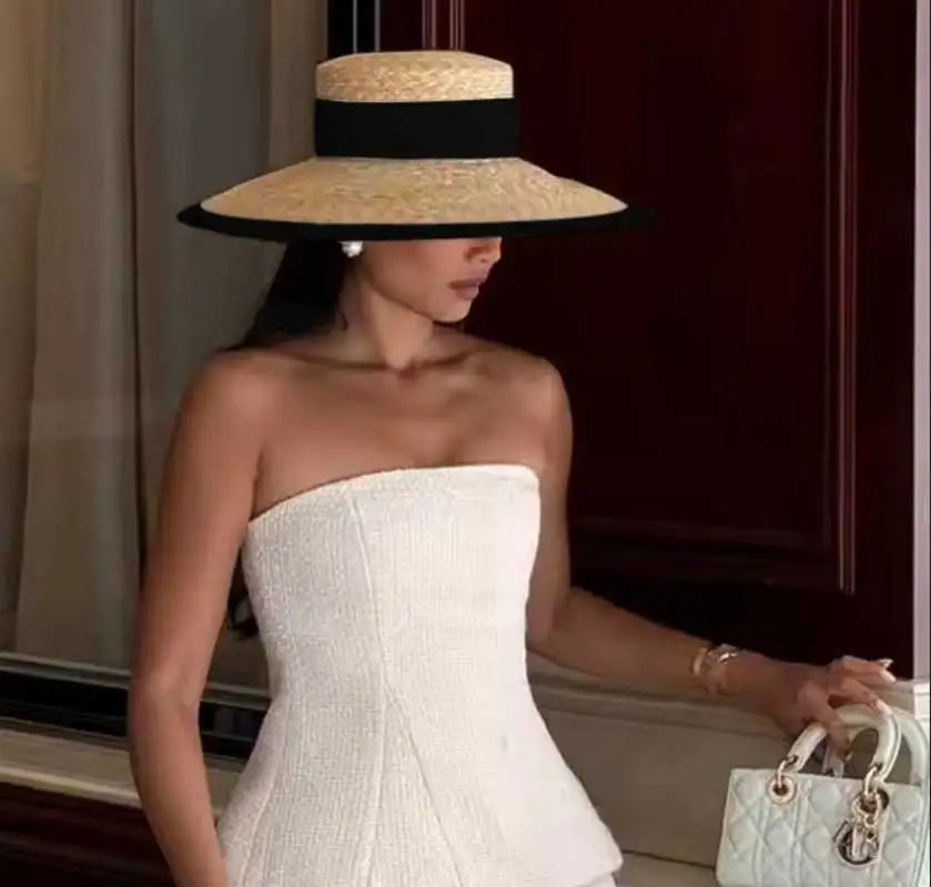 Chain Strap Straw Hat summer beach straw hat pearl Pork pie sun hat new elastic ribbon hat 여름모자