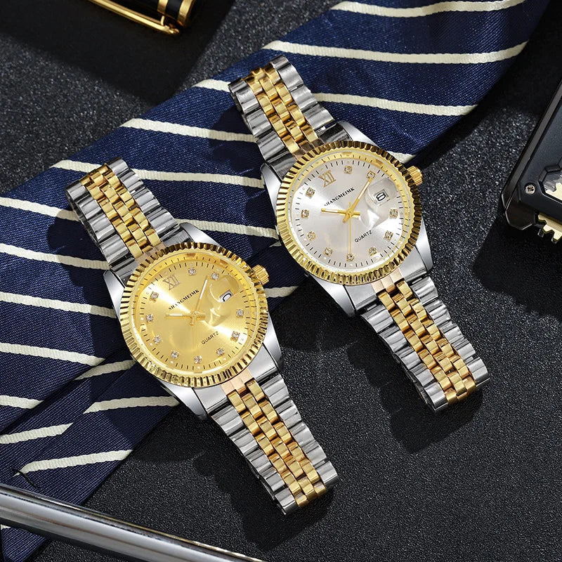 Mens Watch Gold Dial Multi Functional Quartz Movement Stainless Steel Waterproof Timing Men Business Watch Reloj Hombre