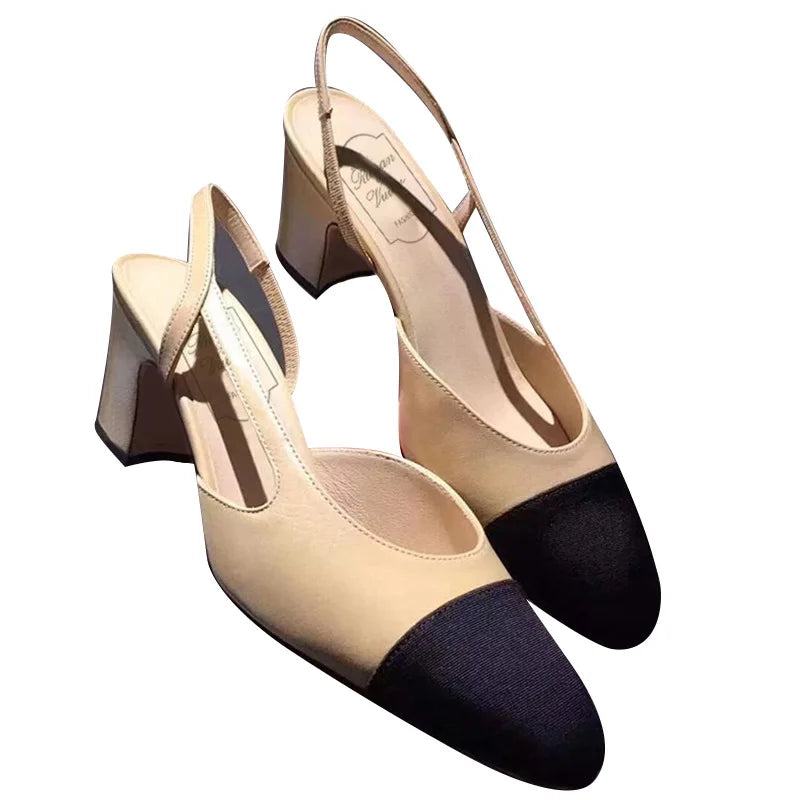 2025 women's mid-heeled shoes square toe color matching thick heel high heels