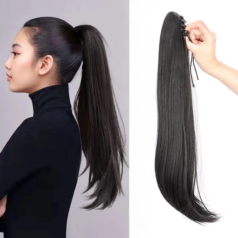 Clip-In Ponytail Extension – 40/50cm Length – High Temperature Fiber – Black Brown | KIMLUD