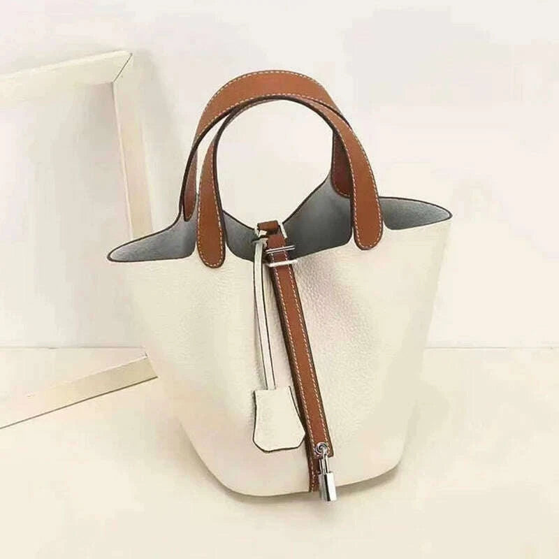 KIMLUD, Various Genuine Leather Luxury Bag Fashion Women's Handbag Vegetable Basket Style Portable Women Bucket Bag with Lock, KIMLUD Womens Clothes