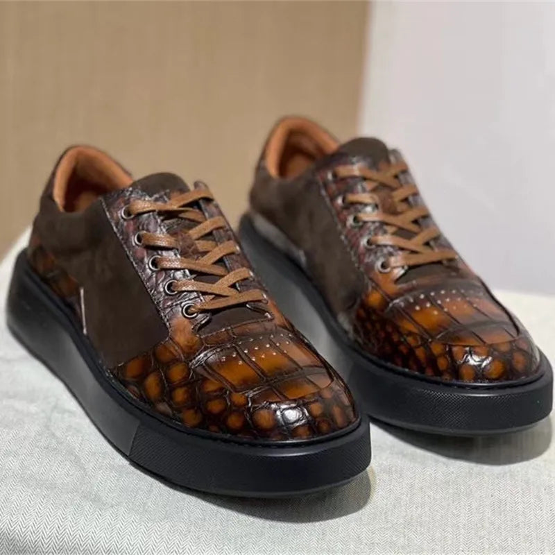 Authentic Exotic Crocodile Skin Hand Painted Men's Soft Board Shoes Genuine Real Alligator Leather Male Lace-up Patchwork Flats