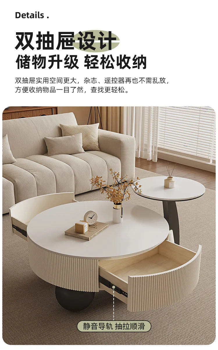 Minimalist Round Coffee Table With Storage Drawers — Ivory White | KIMLUD