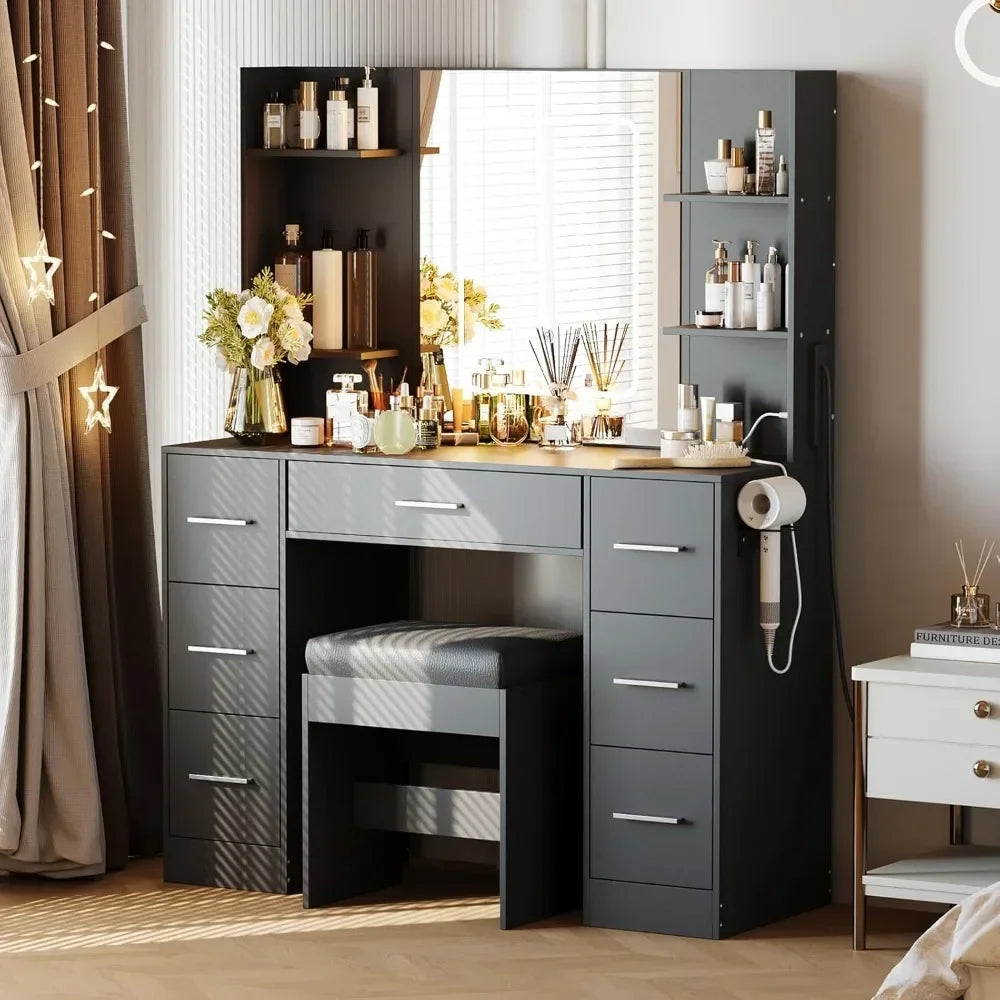 Vanity Table with Large Mirror and Chair, Power Outlet, Hair Dryer Rack, 7 Drawers 3 Lighting Modes Brightness Adjustable