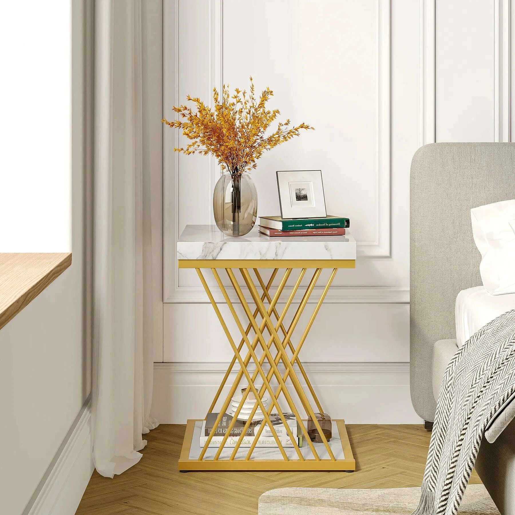 KIMLUD, Tribesigns Square Side Table White Gold Side Table Set of 2, 2-Tier End Table Modern Bedside Table Small Side Table, KIMLUD Womens Clothes