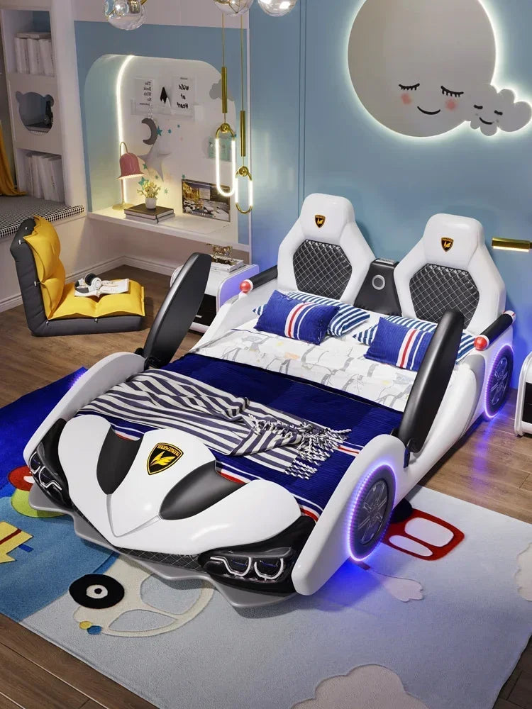 Children's Bed Boys and Girls 1.8m New Creative Cartoon Car Bed 1.5m Princess Leather Bed with Guardrail Blue