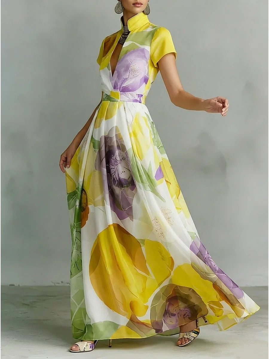 Maxi Dress – Floral Print – Polyester – Deep V-Neck | KIMLUD
