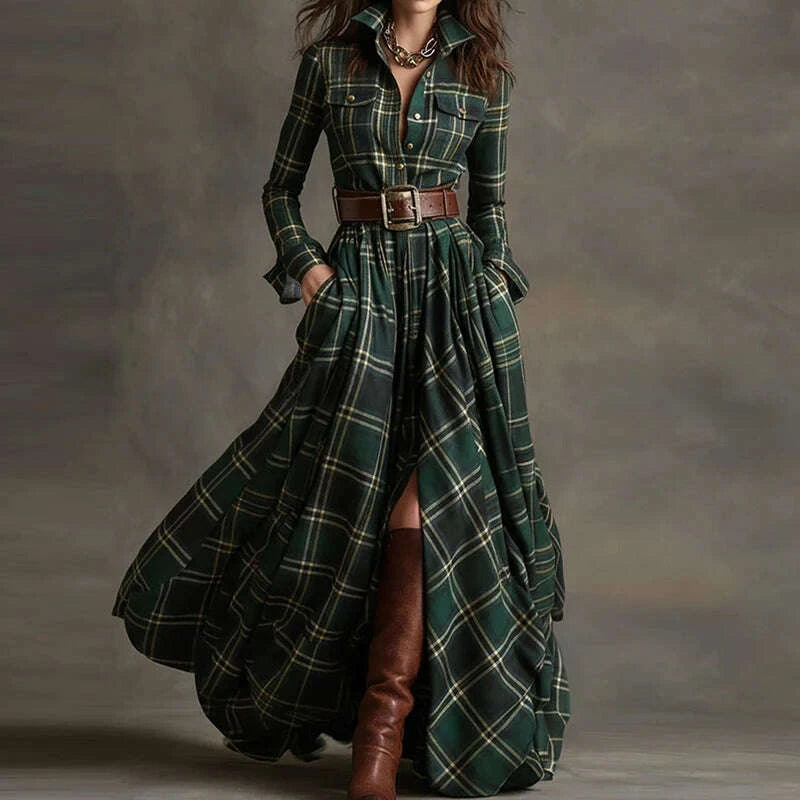 KIMLUD, 2025 Turn-Down Collar Patchwork Party Dress, Women Spring Autumn Long Sleeve Chic Maxi Dress, Plaid Printed Loose Cardigan Dress, KIMLUD Womens Clothes