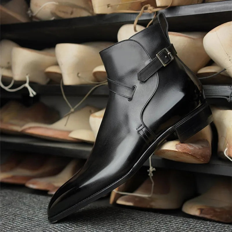 New Brown Short Boots for Men Black Buckle Strap Fashion Ankle Boots Business Square Toe Men Boots
