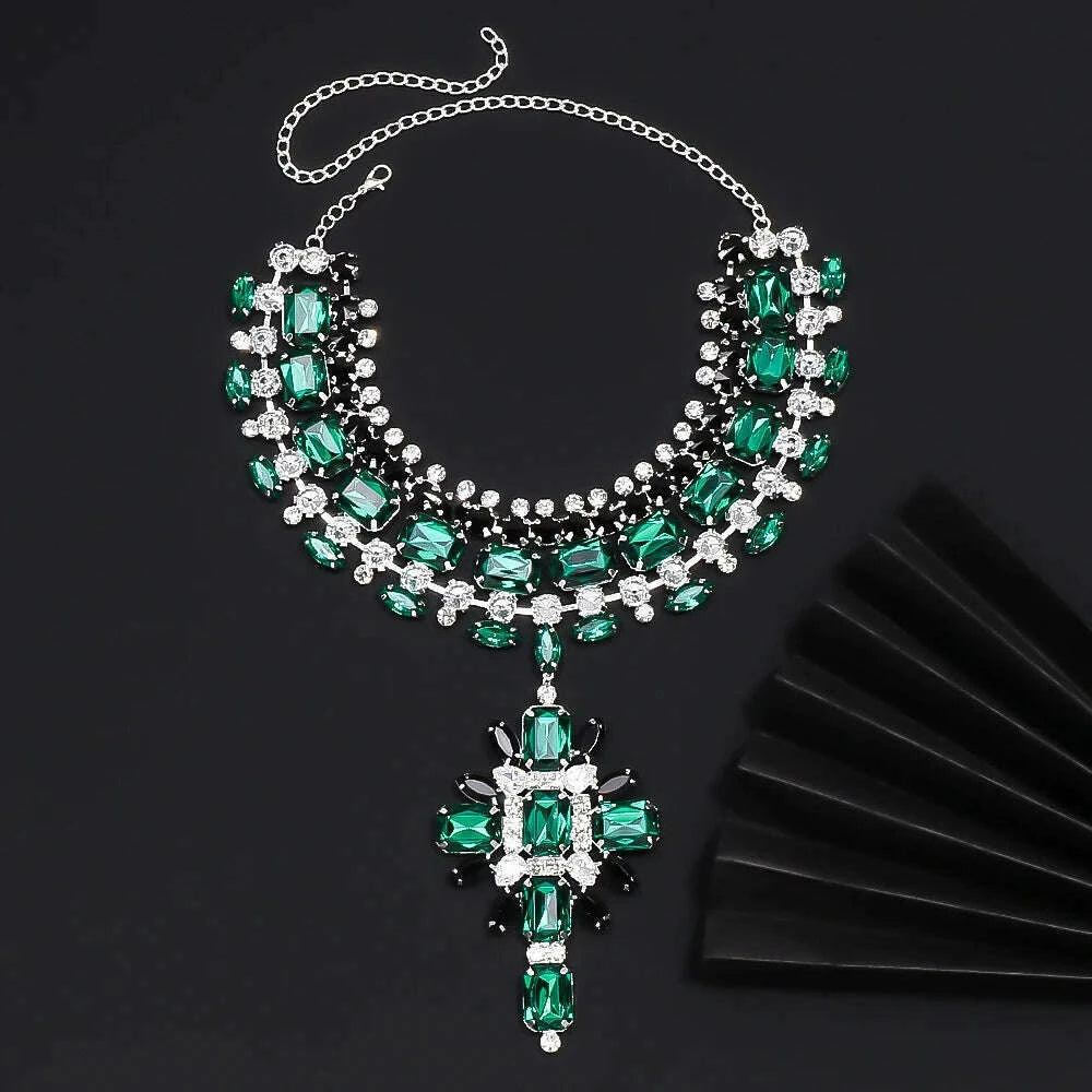 xsbody-large-cross-pendant-choker-green-crystal-bridal-accessories-fashion-geometric-rhinestone-necklace-earrings-set-piercingkimlud-womens-fashion-34627525