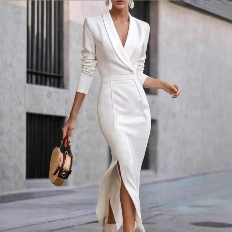 autumn-winter-new-fashionable-green-fruit-collar-slim-fit-long-dress-solid-color-waist-cinched-hem-slit-long-sleeved-dress-womenkimlud-womens-fashion-34624908