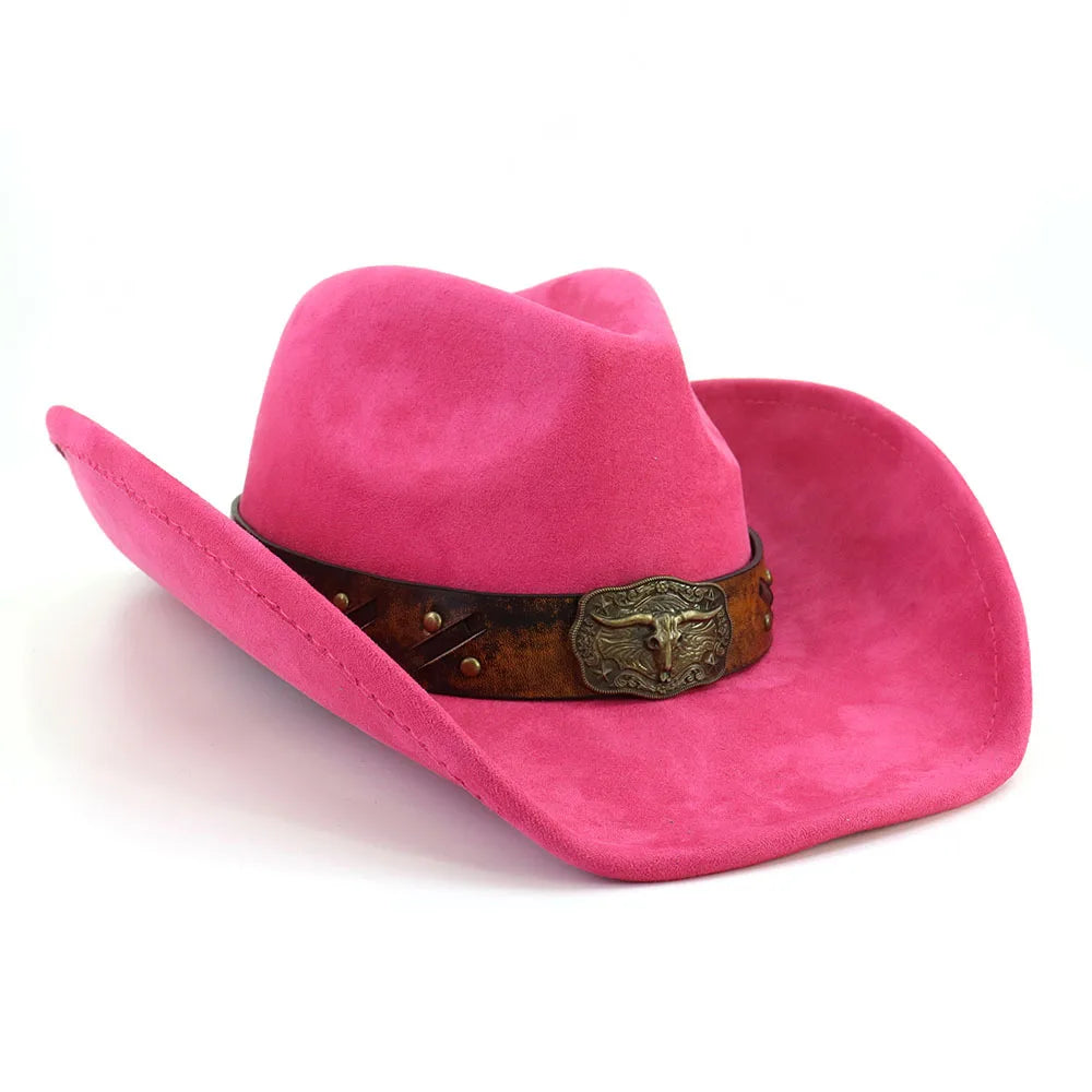 Leather Band Suede Cowboy Hat Big Brim Bull's Head — Brown | KIMLUD